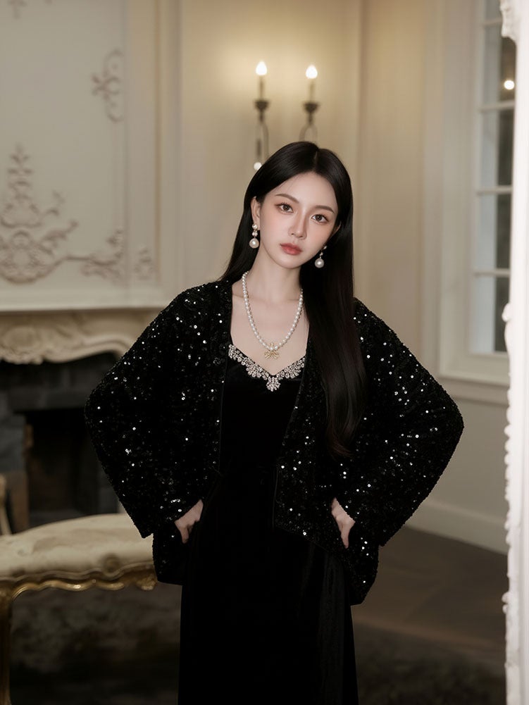 Yailla New Versatile Autumn/Winter Chinese Style Suit Elegant and Retro-Chic Look High-End Sequined Heavy Embroidery Top V-Neck Cotton Coat + Slip Dress Niche Design Tang Coat Suit - Image 3